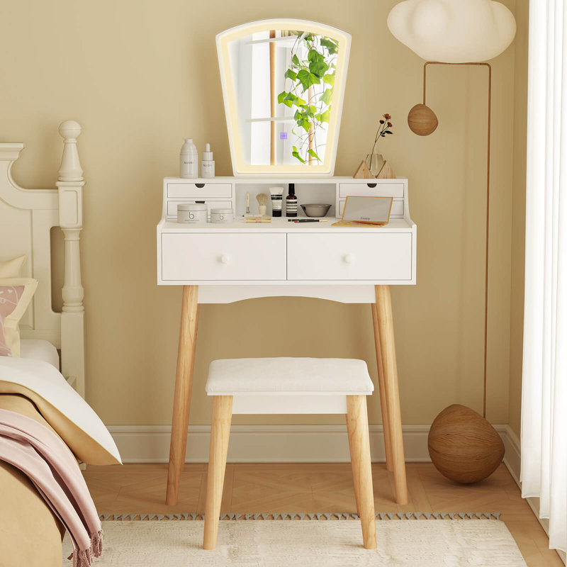 Vanity Desk Set With Lighted Mirror 3-color Adjustable Led Lights Drawers