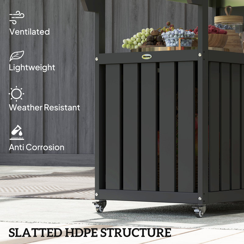 Outdoor Bar Cart with Storage Cabinet, Stainless Steel Top Kitchen Island on Wheels, HDPE Outdoor Bar Table, Movable Patio Beverage Food Prep Table for BBQ Picnic,wood