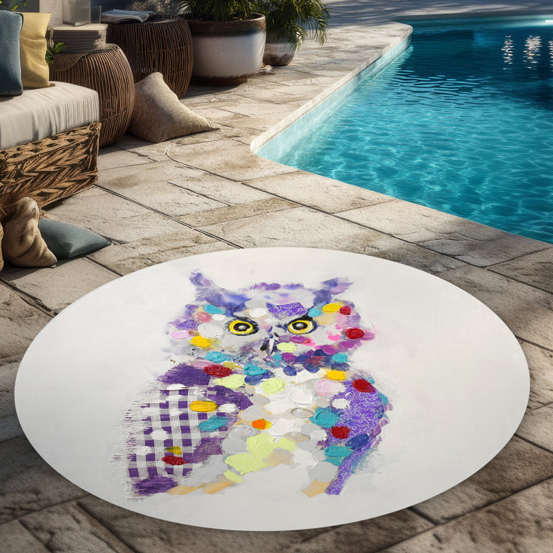 Textured Abstract Owl Rug - Purple Round Outdoor Area Decor