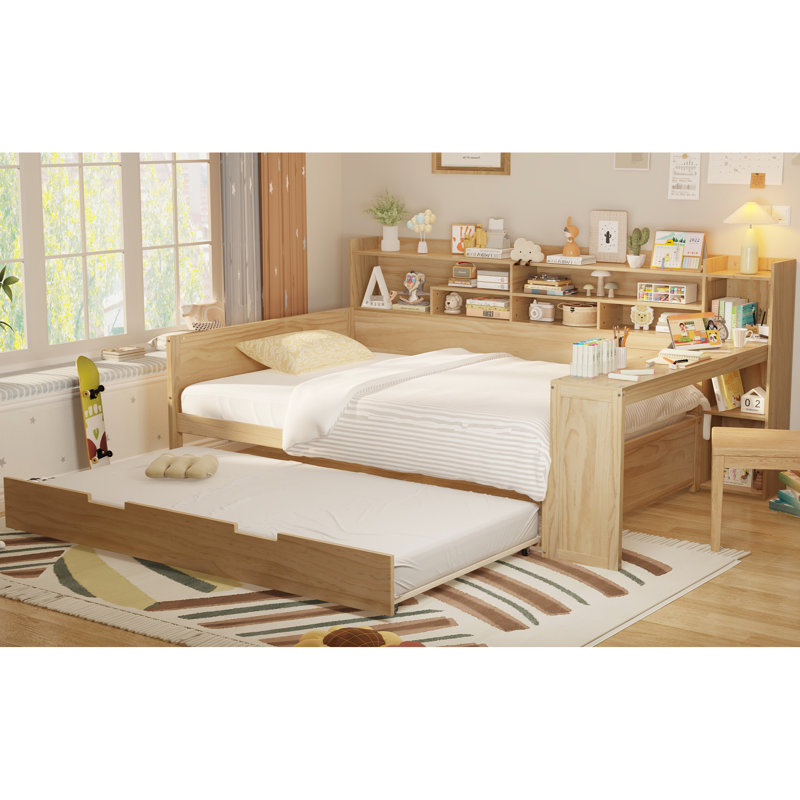 Lit de jour en bois pleine grandeur avec lit gigogne, bureau d'étude et rangement multicouche pour une utilisation efficace dans la chambre à coucher