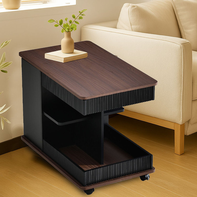 3-in-1 Height Adjustable Rolling Side Table with 360° Rotating Top, Storage End Table with Lockable Wheels and Gas Lift