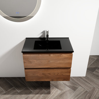 30" Wall Mounted Bathroom Vanity. Black Ceramic Sink. 2 Soft Close Drawers. Contemporary Furniture. Plywood Vanity With Basin. Soft-close Mounted. Upholding.