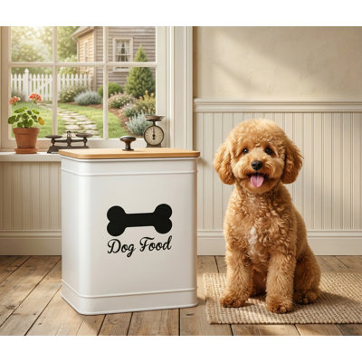 Bac à nourriture hermétique pour chien, capacité de 5 à 7 lb (25 tasses), couvercle en bambou, poignée en métal robuste, métal blanc, pour chiens pesant jusqu'à 50 lb