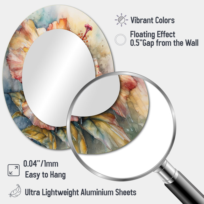 Orange Grey Hibiscus Euphoria II - Floral Oval Decorative Mirror On Metal, 43" x 33"
