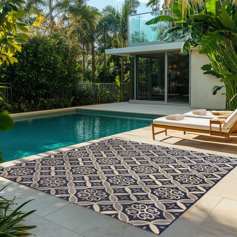 Tapis intérieur / extérieur en polypropylène tissé à plat et à carreaux crème bleu marine beige Solterra Zilah