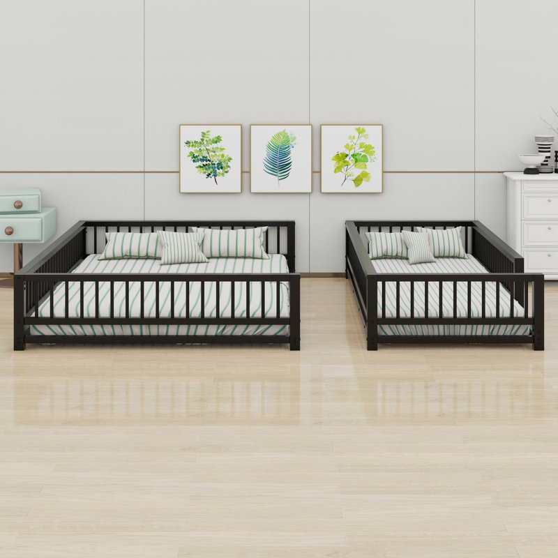 Floor Bunk Bed Frame With Ladder And Safety Guardrails, Black, Twin Over Queen