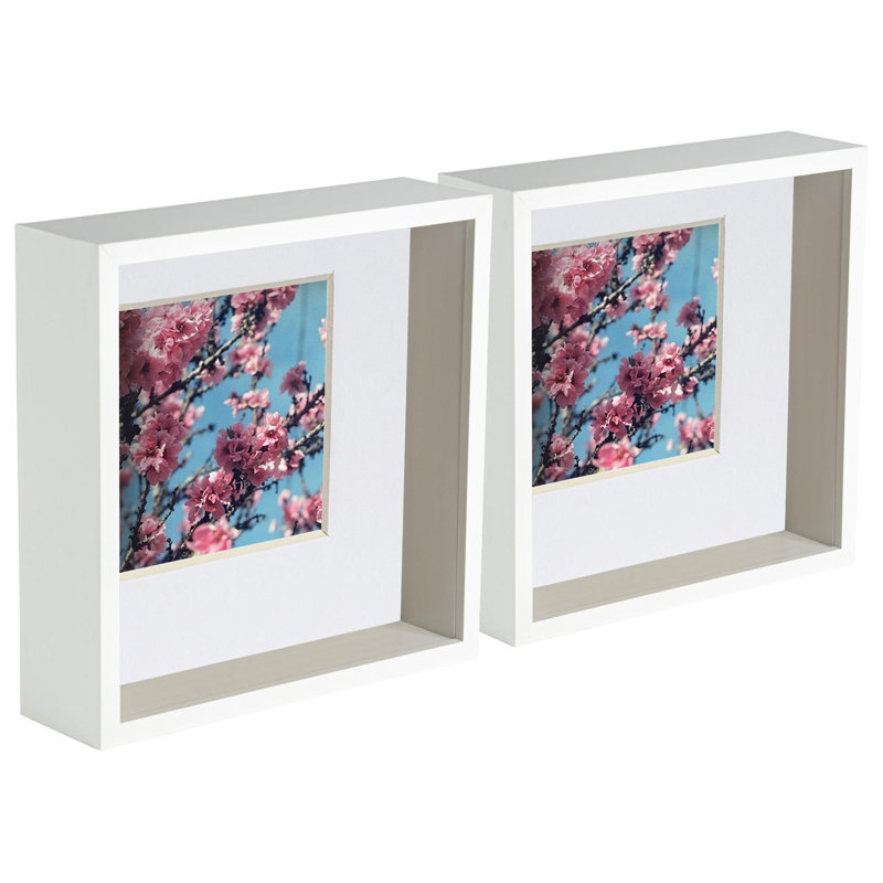 Bevelled Shadow Box Picture Frame with Mat, 21cm H x 21cm W x 6cm D, White/White