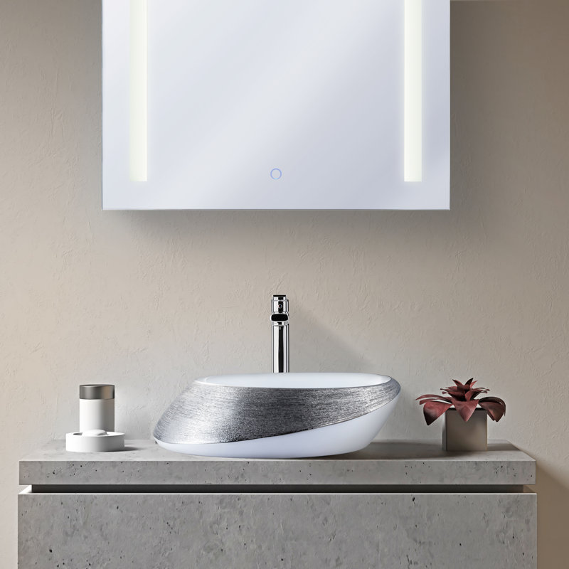Vitreous China Oval Vessel Bathroom Sink , Brushed Silver
