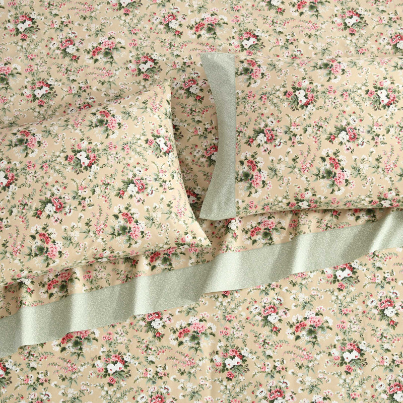 Ensemble de draps en coton Laura Ashley Kate, Ensemble de draps pour lit simple avec 1 taie d'or, Floral brun