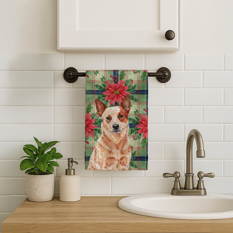 Red Heeler Australian Cattle Dog Christmas PoinsettIas Kitchen Towel, Red Heeler Australian Cattle Dog