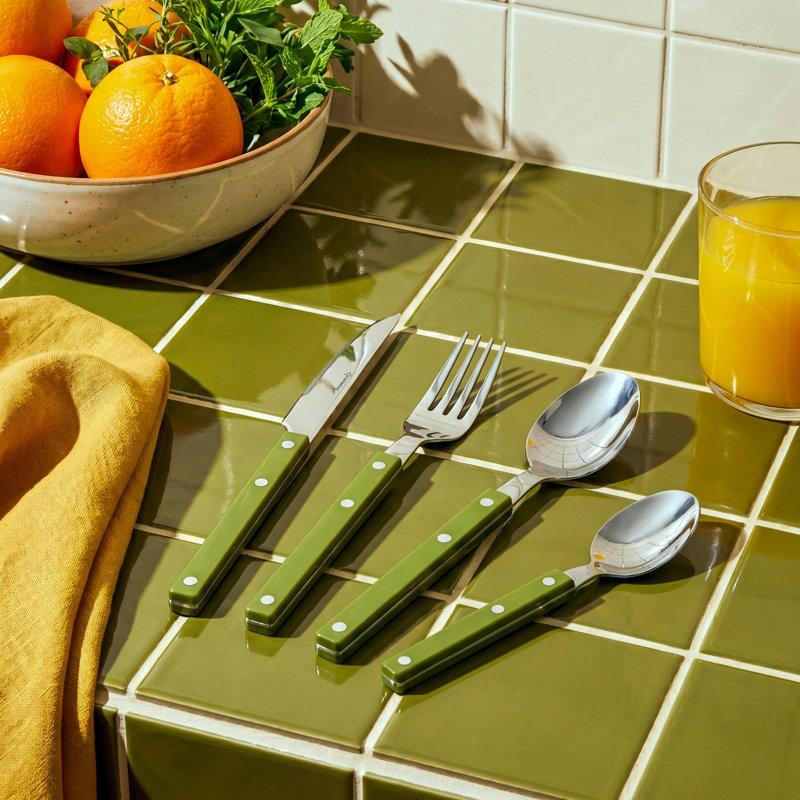 Grunwerg Bistro Cutlery, 24 Piece Set, 18/0 Stainless Steel, Riveted Handle, Green