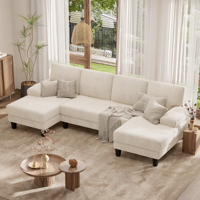 Canapé modulaire en U de 110 po avec accoudoirs, assise en bois, structure en métal et revêtement, conception moderne et confortable pour le salon ou le salon familial