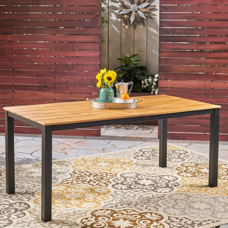 Table d'extérieur en bois avec pattes en fer stables, 86 cm de profondeur x 180 cm de largeur x 76 cm de hauteur, 30