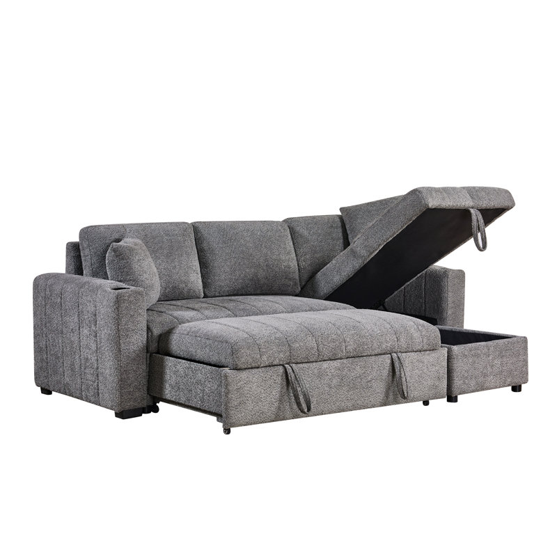 96" Gray Boucle Fabric Reversible Sleeper Sectional Sofa With Storage Chaise, Cupholders, Usb Charging Port, And Throw Pillows