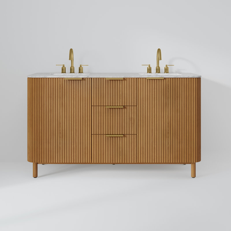 Nova 60" Marble Top Double Sink Vanity, Reeded Birch