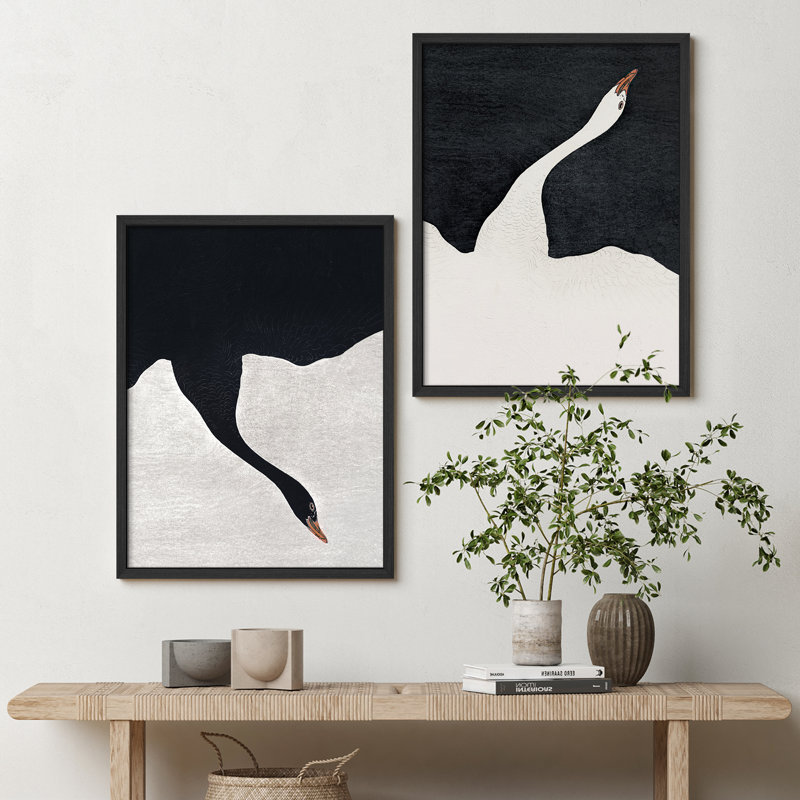 Ensemble de 2 pièces d'art mural cygne noir et blanc encadrées - Imprimés animaliers minimalistes modernes pour le bureau ou le vestibule