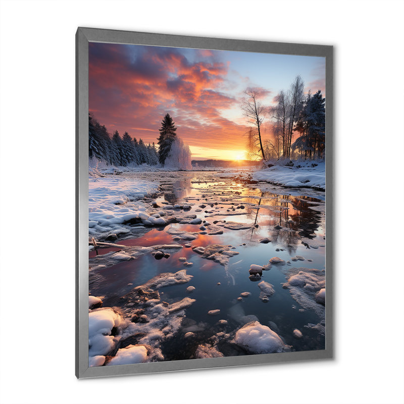 " Winter Sunset Snowfall II ", 32" H x 24" W x 1" D, Gray Single Picture Framed