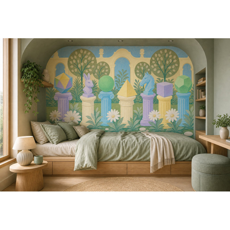Papier peint mural surréaliste représentant un jardin, des arches classiques et des formes géométriques., 120"x96"