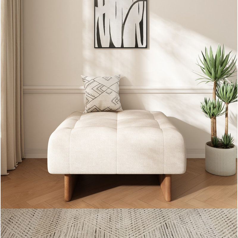 Repose-pieds carré rembourré en tissu de lin capitonné, pieds en bois massif, beige