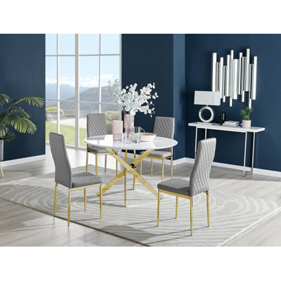 Tierra Sleek Gold and White Gloss Round Dining Table Set with 4 Luxury Faux Leather Dining Chairs