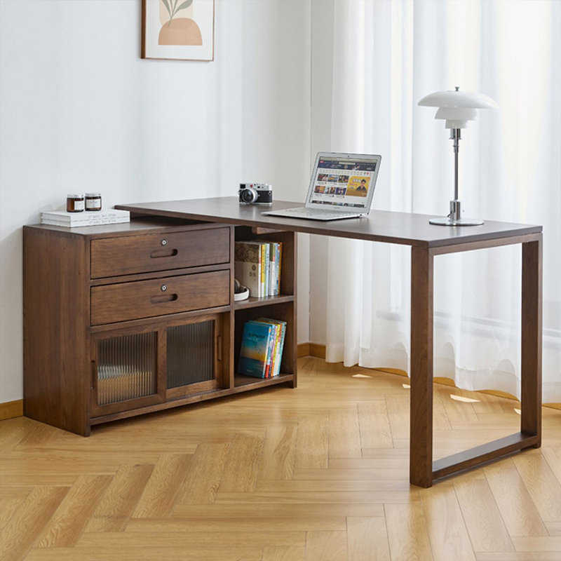 Bureau en bois massif en forme de L brun noyer + verre avec bureau à 2 tiroirs, Orienté à gauche (vu de face)