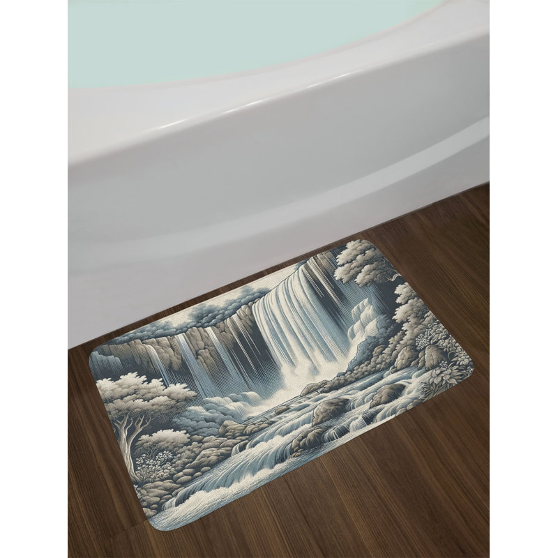 Blue Grey Sepia Waterfall Art Polyester Bath Mat