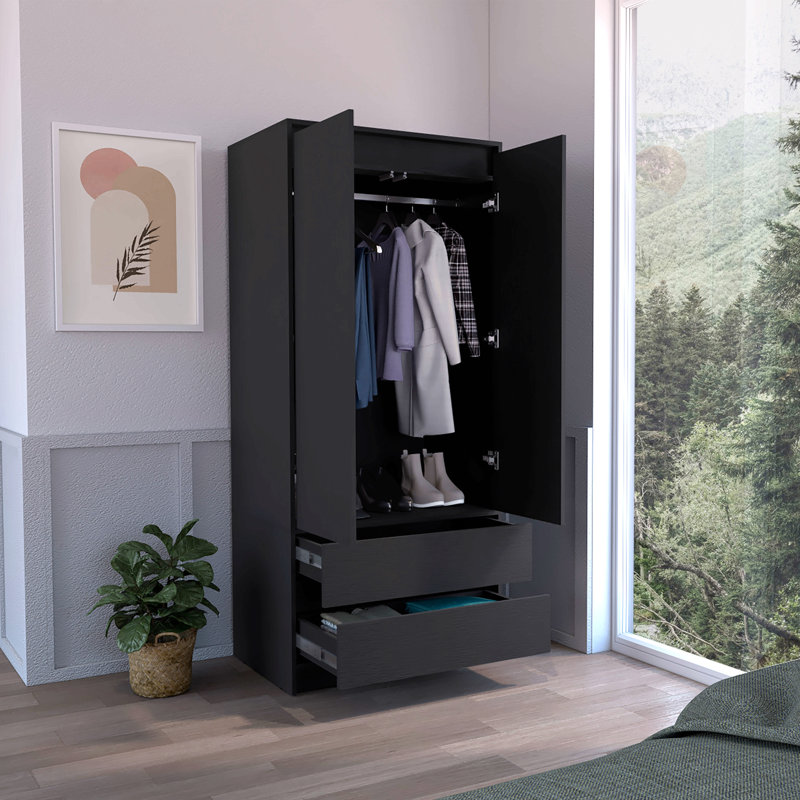 Armoire, penderie avec deux tiroirs, tringle, Noir