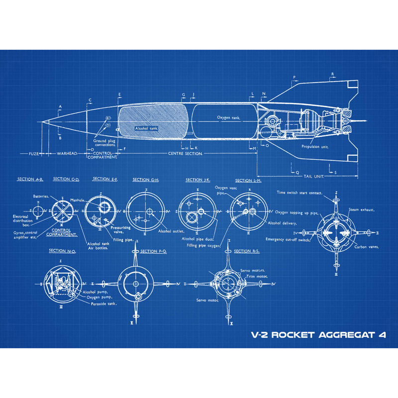 V-2 Rocket Aggregat 4 Ballistic Missile Blueprint Plan - No Frame Print