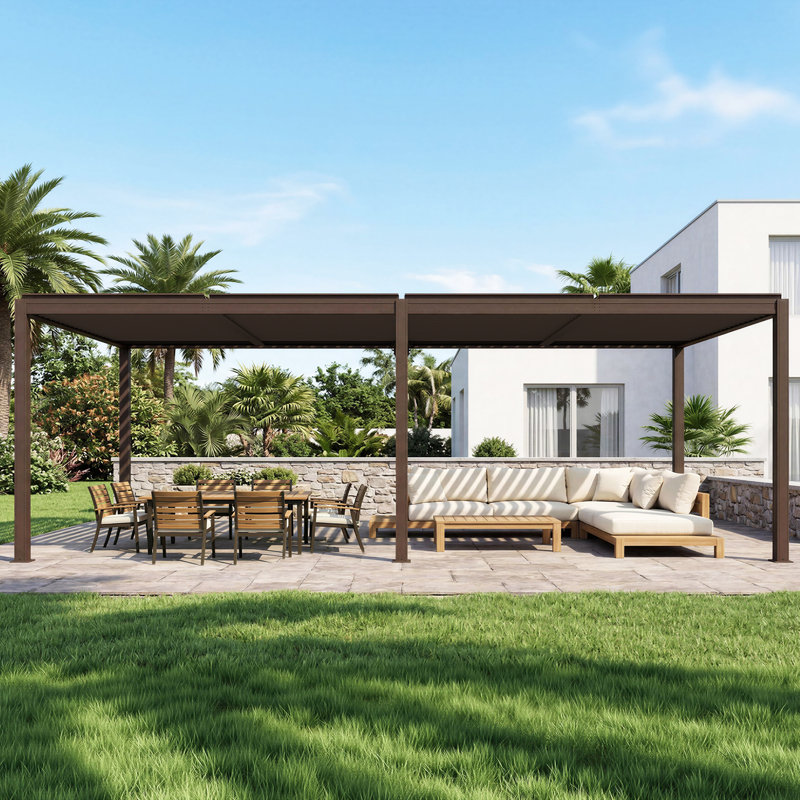 Domi Patio Outdoor Aluminum Louvered Pergola, 91.57" H x 287.4" W x 145.87" D, Brown