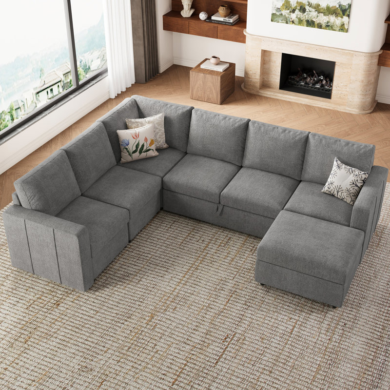 Canapé-lit modulaire coulissant avec repose-pieds Seybert, Chenille gris pâle