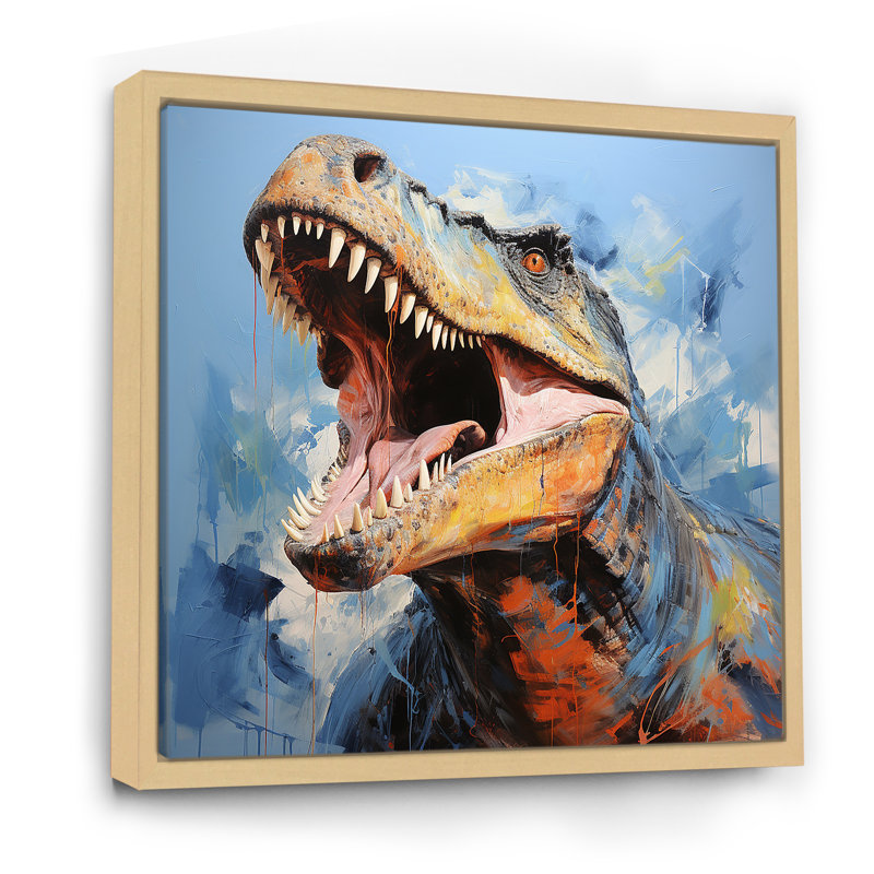 Blue Dinosaur Hunters - Dinosaurwall Art, 36" H x 36" W x 1.5" D, Brown Floater Framed