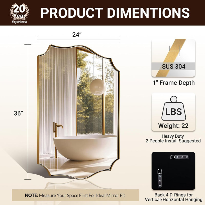 Anayalee Traditional Scalloped Rectangle Bathroom Vanity Mirror | Stainless Steel Frame, 36" x 24", Brushed Gold