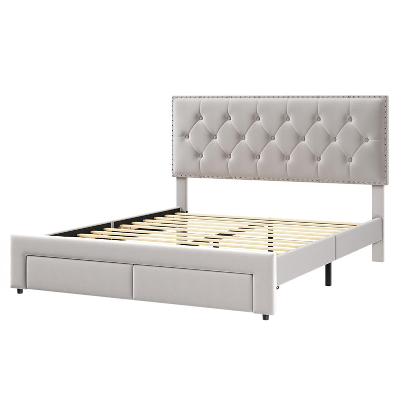 Cadre de lit avec 2 tiroirs de rangement, Beige, Très grand