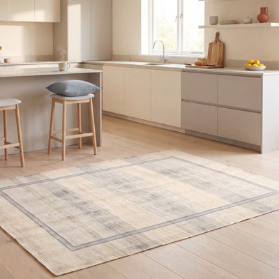 Tapis Solstice moderne minimaliste à bordure géométrique bleu, gris et beige, antidérapant, à poils courts, pour intérieur et extérieur, adapté aux animaux domestiques, salon, chambre, salle à manger, entrée, couloir, bureau, lavable