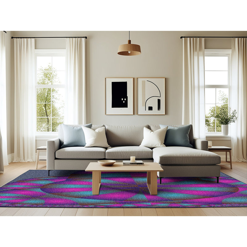Tapis bleu rose/aqua tissée à la machine, Rectangle 6 pi x 9 pi