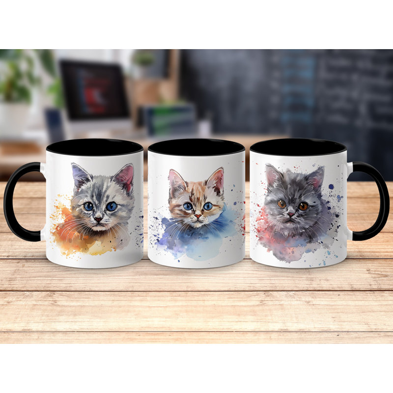 Cat Design 11oz Accent Mug – White Ceramic Coffee Cup with Colored Handle and Interior, 2, Black