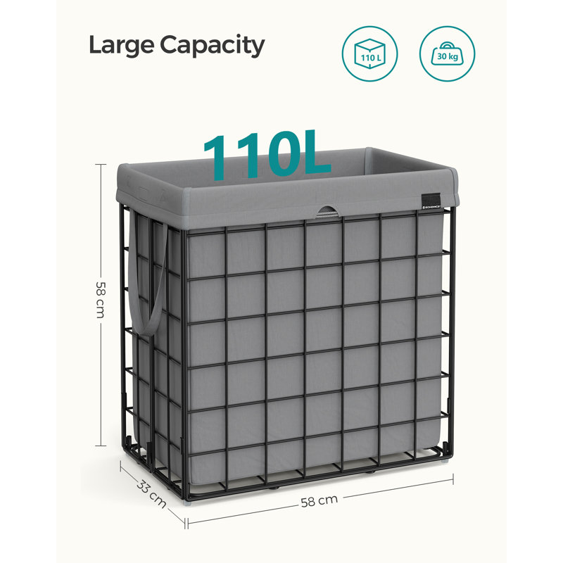 Laundry Hamper with Handles, Black/Grey, 58" H x 58" W x 33" D