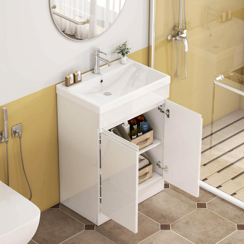 Ensemble de meuble-lavabo 24 po avec lavabo, meuble 2 portes, avec tablette, conception sans poignée, lavabo en céramique à bordure épaisse unique, charnière à système de fermeture en douceur, assemblage facile, blanc brillant