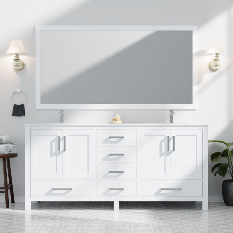 Meuble-lavabo double blanc 72 po X P 22 po D, dessus en quartz blanc et ensemble de robinet, Blanc