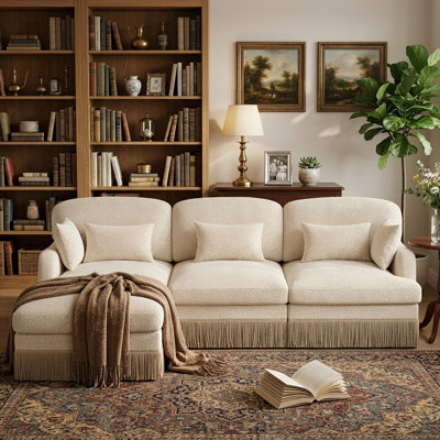 Leopard Print Chenille Modular Sofa with Tassel Trim/Pillows/Ottoman Retro Upholstered 3 Seater Couch For Small Space,Beige
