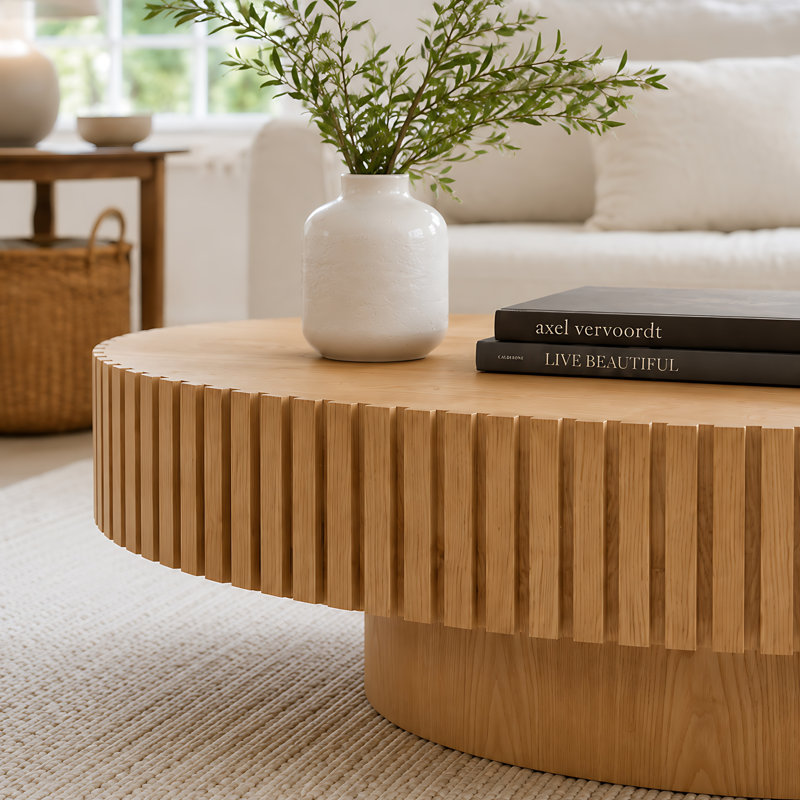 Table basse cannelée avec pied central, Bois de frêne naturel
