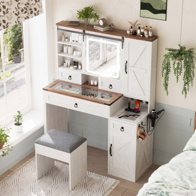 Farmhouse Vanity Desk With Sliding Mirror And Lights, Glass Top, Charging Station, 4 Drawers, 2 Cabinets, And Stool For Bedroom