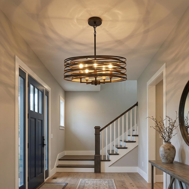 Lustre 20 lumières style ferme 20 po - métal noir et bois rétro