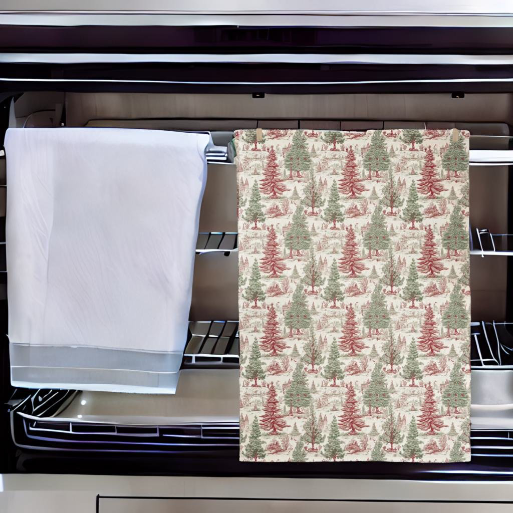 Green Toile Holiday Tea Towel