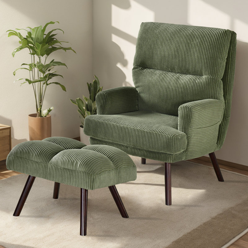 Rita 24.41'' W Super Soft Accent Chair With Ottoman And Pocket, Green Corduroy