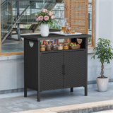 Armoire de rangement d'extérieur en rotin PE - Table de bar en osier résistante aux intempéries avec portes doubles