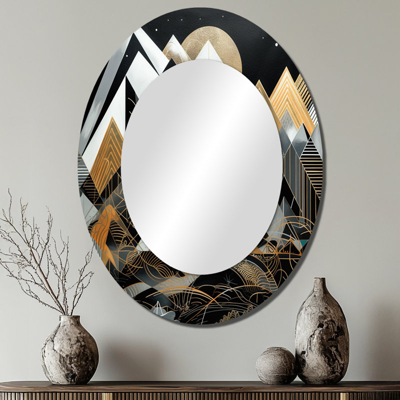 Harmonie géométrique noire et dorée - grand miroir mural ovale sur métal, 40 po x 30 po