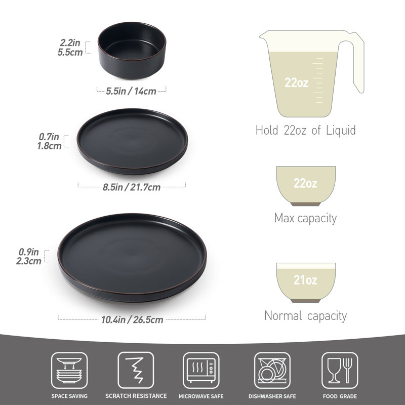 Bevery Handmade Stoneware Dinnerware Set 18 Piece - Service for 6, Matte Black