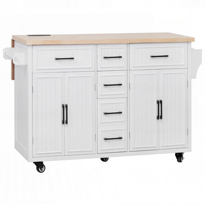 Farmhouse Rolling Kitchen Island with Drop Leaf, Power Outlet, and Ample Storage, Perfect for Modern Kitchens and Dining Rooms.