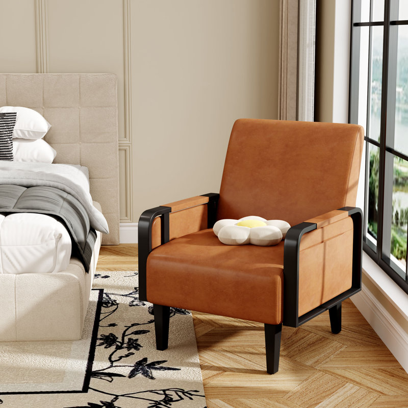 Whole Metal Frame Upholstered Accent Chair With Side Tray Table, Brown